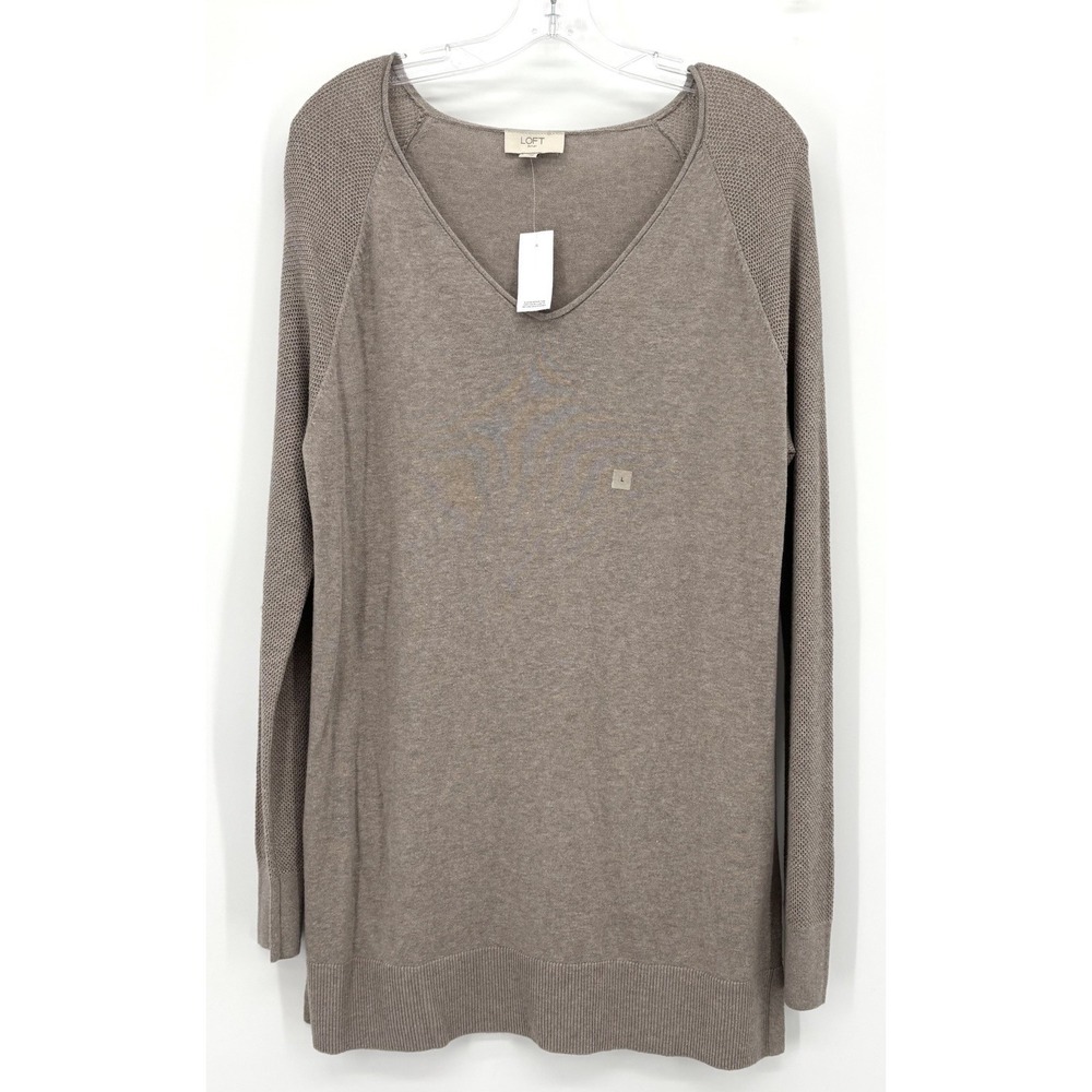 LOFT Outlet V-Neck Sweater‎ Women's Size Large Raglan Sleeve Knit Tunic Tan NWT
